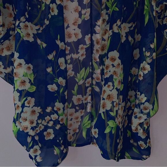 Chiffon Cardigan M Blue Floral Print Dolman Sleeve Open Front Swim Cover Up - Picture 3 of 7